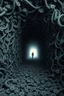 Placeholder: A surreal scene a tunnel-like structure filled with intertwined gray flowers . The tunnel is lined with countless writhing aliens bodies, creating a chaotic and nightmarish atmosphere. At the end of the tunnel, a solitary figure walks towards a distant light source, casting a glow that illuminates the scene. The overall color palette is muted with shades enhancing the ominous and unsettling mood. The level of detai