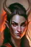Placeholder: Portrait of a young and beautiful female Tiefling bard with red skin, two horns emerging from her forehead and long black hair with sidebangs and a ponytail. She has fiery eyes and a smirk on her face.