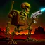 Placeholder: 90's TCG art retro fantasy art of rusted skeleton robot with laser gun