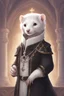 Placeholder: (anthropomorphic white ferret),dressed in ((cleric fantasy)) black clothes with silver holy ornaments, realistic anatomy, posing, cute face, fantasy inspire, fantasy church on background with warm sunshine lighty from behind, gloomy atmosphere, (((high angle shot))), purple armband, The holy icon style, RTX, praying, close eyes