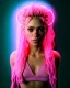 Placeholder: portrait, Shakira, blonde artist, Realistic image, drinking a strawberry milkshake, pink line make-up, sweat, fog, goddess style, Neon colors, leds. Color background, photo studio, concept art, smooth, unreal engine 5, god lights, ray tracing, RTX, lumen lighting, ultra detail, volumetric lighting, 3d, finely drawn, high definition, 4k.