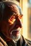 Placeholder: create a photorealistic portrait of an elderly man sitting by the window in the late afternoon, with natural sunlight casting warm golden light across his face revealing every wrinkle and the texture of his skin, sharp focus on his eyes showing depth, moisture, reflections, with a soft bokeh background of the room behind him.