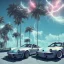 Placeholder: 1980's aesthetic vaporwave palm trees and spheres and Porsche with lightning