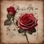 Placeholder: Hyper realistic red rose on a vintage paper with harmonica instrument & musical notes