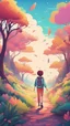 Placeholder: A teenage boy and teenage girl walk in a land like paradise, and they are optimistic, a metaphor for joy colorful illustration style