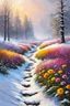 Placeholder: a field filled with lots of flowers next to a forest, footsteps in the snow, beautiful mastter painting, splashes of colors, path, very attractive and beautiful, heavy mist, ( land ), pathway, color splashes, beautiful view, soft edges, stunning screensaver.