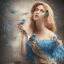 Placeholder: soft bueatiful woman in blue dress, bird