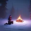 Placeholder: There is a woman in night in the snow, by a campfire