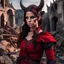 Placeholder: a beautiful tiefling woman with a kind face and dark hair in a sleeveless battle outfit, amidst the ruins of a medieval town destroyed by war, photo quality, the whole scene in dark red colors