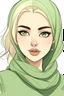 Placeholder: Simple drawing, Blonde, Green eyes, blonde eyebrows ، nous makeup ،wearingg a hijab a ، write Bella signature Bella, cartoon style, color flat