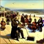 Placeholder: Ludwig van Beethoven, Johannes Brahms, Wolfgang Amadeus Mozart, Antonin Dubzek and Johann Sebastian Bach stand on the boardwalk on the beach in San Francisco and play violins in front of children, men and women who sit on the floor and listen to them,