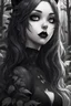 Placeholder: CAT GIRL, goth, forest, nature, cartoon, leaves, black and white hair, boobs, portrait, colour iamge