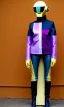 Placeholder: Camouflage colors are terracotta, cream and purple, lilac and Cream latex! European daft punk woman. Mantle is sewed of recycled Denim and sewed together of recycled polymer felt. Yellow(Munsell) areas. hint of orange as effect color!!Big bright purple/khaki felt tippet and cream or blue or lilac colored-hood. mantle is merged with satchel. . AKG-style headphones (gold rings!) is merged with small felt cap with small visor. Style: Haute Couture in 1998