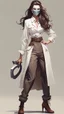 Placeholder: Full body character design, athletic female with wide cuffed and high waisted pants, white blouse, ceramic mask, long hair, trench cleaver in holster attached to belt, thick heeled shoes