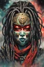 Placeholder: front facing full length portrait illustration of a grunge armored female , beaded dreadlock hair, cyberpunk vampire mercenary wearing an ornate japanese oni demon noh mask , and shemagh, highly detailed with gritty post apocalyptic textures, caught in a cosmic maelstrom of swirling gases , finely detailed facial features and hair, in the graphic novel style of Bill Sienkiewicz, and Jean Giraud Moebius, ink wash and watercolor with realistic light and shadow