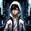 Placeholder: mysterious youthful Latino male hacker, white jacket, cyberpunk background, dark and intriguing, confident, intense, handsome, anime style, retroanime style