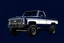 Placeholder: front corner 1973 chevrolet square body truck(lifted) facing to viewer's left, navy blue background, high contrast black and white vector