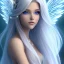 Placeholder:  beautiful, soft, smiling, long and straight blonde hair, bluish background, fairy wings on the back