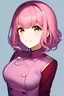 Placeholder: masterpiece, best quality, expressive eyes, face focus, 1woman, portrait, pink clothing, modern clothing, cute, smile, pink hair, short bob, curly bob, brown eyes, private college uniform