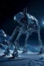 Placeholder: a sleek mechanical walker with eight legs scaling a very steep snow covered side of mout everest at night, it has a smooth surface, it has storage pods on its belly and humans can fit in the pods