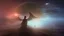 Placeholder: walking straight ahead over a wooden bridge, holding the angel of death with your right hand, entering the fog at the end of the road that leads to the afterlife, and a beautiful sunset and galaxy's behind the fog, realistic