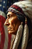 Placeholder: an expressive painting of an native Indian with feathers side view face with the American flag in the background, might see a companion with features of absolute strength and determination, blended with warmth and deep faith. Perhaps his head expresses wisdom and courage, with eyes radiating confidence and faith.