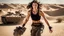 Placeholder: beautiful slender caucasian female technician, black tank top, well toned muscles, weathered face, scratched sand camo metal details, short brunette wavy bob haircut, dystopian, desert scene, jumping from a futuristic tank