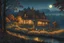 Placeholder: museum quality color woodcut landscape of a fanciful 1920's rustic French country cottage nestled on the banks of the Dordogne River, on a foggy moonlit night, in the style of Gustave Baumann, with a fine art aesthetic, highly detailed, finely cut ,8k render, muted fall colors