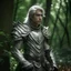 Placeholder: Please create an image for a young elven male with light brown skin, silver hair, and green eyes. He is standing outside in the forest during springtime, wearing leather armor. He is accompanied by a walking suit of armor