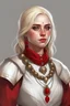 Placeholder: 22-year old, blonde, grey-eyed# female human cleric with a necklace of red beads, wearing scale mail