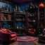 Placeholder: Detailed creepy living-room with bookshelf, made of modeling clay, haunted, very accentuated details, Tim Burton, strong texture, extreme detail, Max Ernst, decal, rich moody colors, sparkles, Yves Tanguy, bokeh, odd