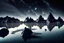 Placeholder: Grey Exoplanet in the hotizon, rocks, Night, lagoon reflection, sci-fi, epic