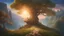 Placeholder: A dreamy landscape with mushrooms and a old, huge tree in the center. Fantasy roads of light going towards the tree. The sun is going down behind the tree. Mountains and a old castle in the background. Digital Art, Masterpiece. Fantasy. Dream. Dreamy. Surreal.