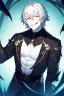 Placeholder: plauge doctor in balck leather clothes with silver hair, pale skin and bright green eyes smiling with sharp teeth, nice young face, male, viscious smile