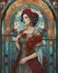 Placeholder: Intricately detailed character illustration resembling stained glass, featuring a woman embellished with (crimson roses:1.3), rendered with an eerie realism, illuminated in enchanting (light cyan and amber hue