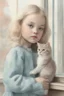 Placeholder: Illustration of model gemma ward as toddler, at the window,with a cat, ,style of Marcel Marlier, pastel colors