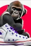 Placeholder: a profile picture of a small gorilla sitting in a purple Converse sneaker, like it's a car, comic style