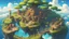 Placeholder: anime zelda artwork style, Highly detailed, 1 gorgeous flying island, Yggdrasil, medieval fantasy city