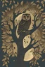 Placeholder: in a cosy vintage style, an owl sits in a black tree