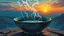 Placeholder: reflective ceramic bowl of steaming liquid, sunset in background, fantasy art, painting, surrealism