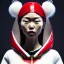 Placeholder: Japanese woman, rounded face, bubble gum, gold, white, red, hoodie, feathers, retro, latex, leather, soft color, highly detailed, art stations, concept art, smooth, unreal engine 5, god rays, ray tracing, RTX, lumen lighting, ultra detail, volumetric lighting, 3d, finely drawn, high definition, high resolution, neon background.