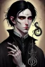 Placeholder: black haired young man necromancer wizard with gothic jewelry and tentacle fingers in the style of Fyodor Pavlov