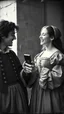 Placeholder: An old picture style of black and white mono very bad quality looks very old camera picture of Romeo and Juliet looking at iPhone of Juliet and both are laughing both dress year 1700