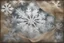 Placeholder: snowflakes, flowers, blur 5%, double exposure, merged layers, silver glitters, in the first part (near to us) of the picture you can see a plain sandblown smoked glass, engraved with a folk art pattern, the glass is cracked in several places, in some places the glass is broken, crumpled burlap, through it you can see a tropical rainforest with a waterfall, mist, tooth, sunrise