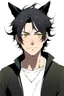 Placeholder: A anime adult man with messy black hair, large black cat ears and tail