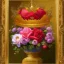 Placeholder: a dreamy yet sorrowful oil painting of a detailed golden crown next to a red rose on a bench in a flower garden