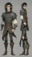 Placeholder: turnaround character of a man elf, he has curly, black hair and sharp cheekbones. His eyes are black. pale skin. He wears fantasy medieval clothes. full body with boots