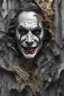 Placeholder: surrealis monochrome A fragmented, surreal sculpture liguid color of photorealistic image 3d,psychedelic art of the joker frmad face glossy emerging from dreamlike a crumbling building. The face appears pale with deep cracks and intricate details, evoking a haunting expression. Blackened tree branches intertwine with the gold mengkilat cracks, set against a backdrop of stormy, cloud-filled skies. bauhaus art The overall tone is dark and moody, suggesting themes of decay and transformation.
