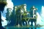 Placeholder: A futuristic ruined gothic building on an island floating over the sea with balconies, verandas, many arches, bridges, spires, paths, trees, dense foliage, spanish moss, ivy, blue sky, white clouds