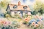 Placeholder: Watercolor painting of a rustic cottage with beautiful pastel flowers, green trees, blue sky, romantic, romanticism, cottagecore